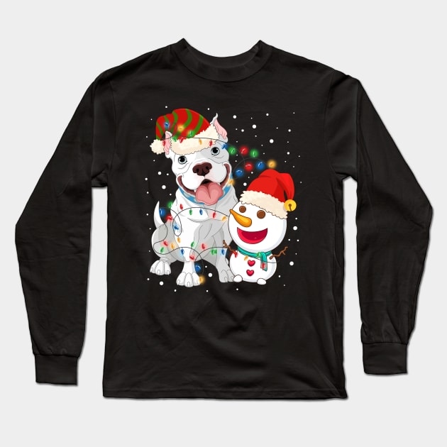 Funny Pitbull Dog Snowman wearing a santa hat Light Tree Christmas Long Sleeve T-Shirt by mittievance